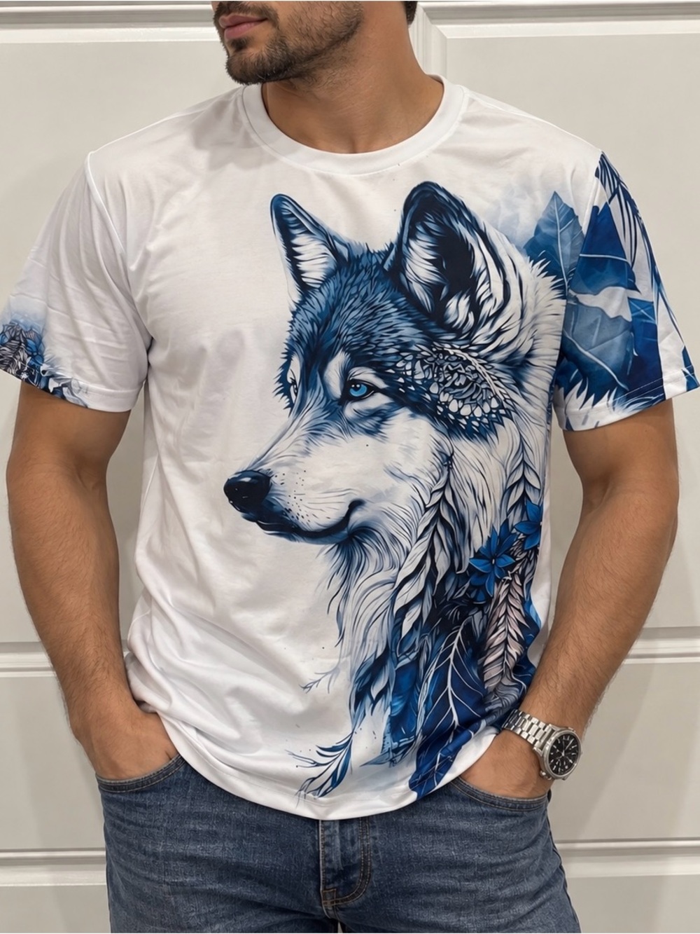 Men's White Short-Sleeve T-Shirt with Blue Wolf Graphic